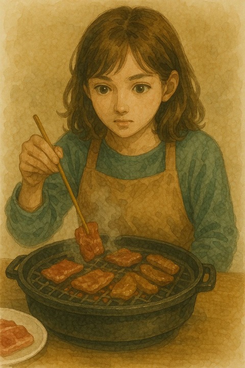 一人焼肉する真剣な女性