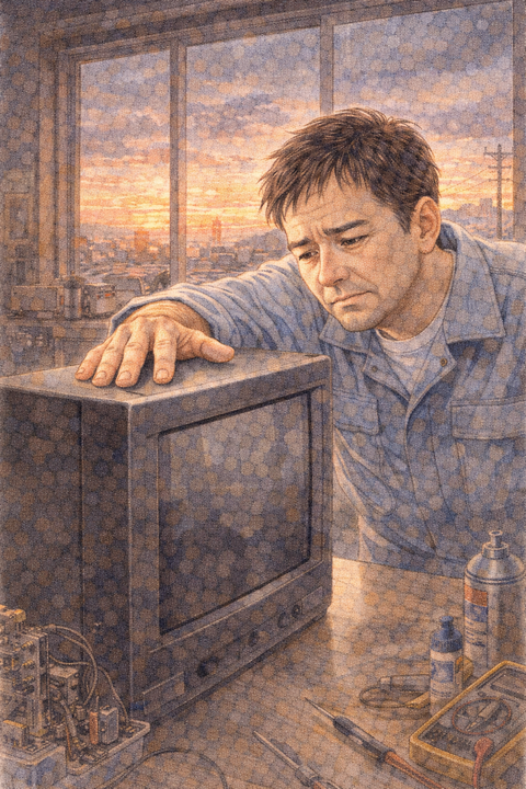 テレビと悲しそうな技術者