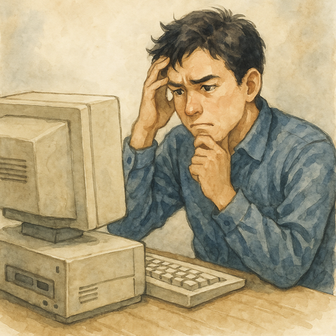 古いパソコン悩む男性