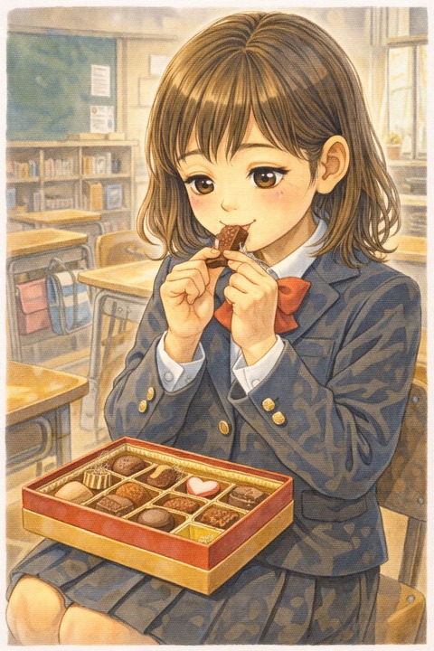 チョコレートを大事に食べる女子