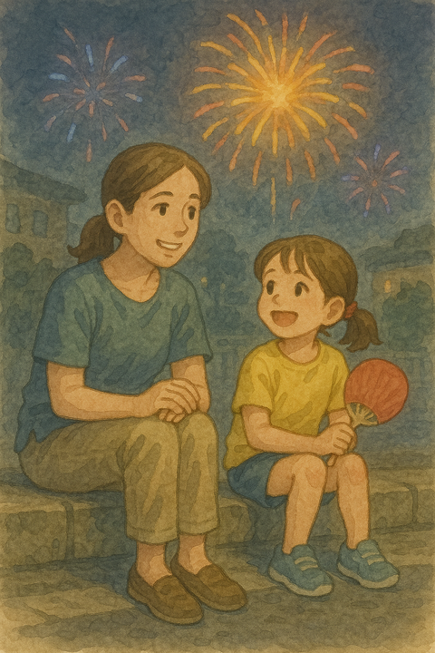 花火を見る母親と娘