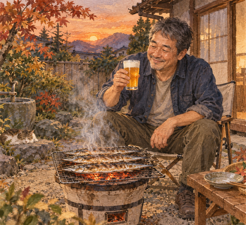 七輪で秋刀魚を焼くビール中年男性