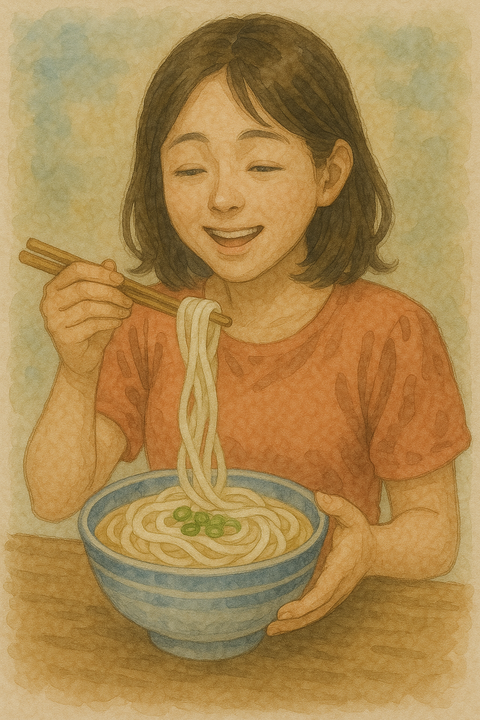冷やしうどんを食べる女性
