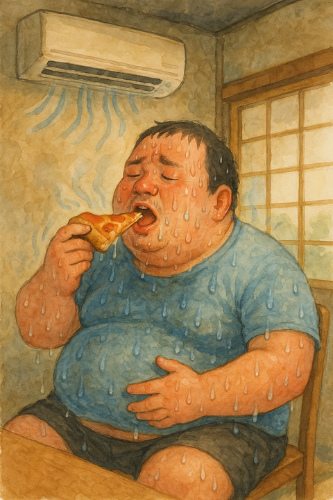 エアコンをつけても汗だくのピザ男性
