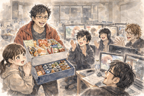 スタッフに差し入れを持ってくるアニメ監督