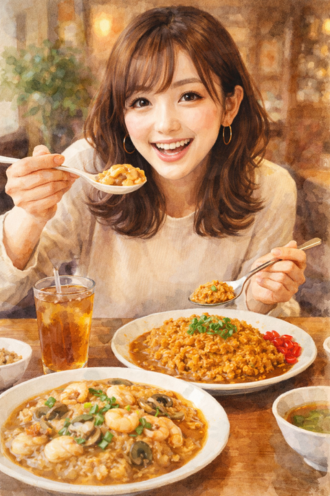 あんかけチャーハンとカレーチャーハンを食べる女性