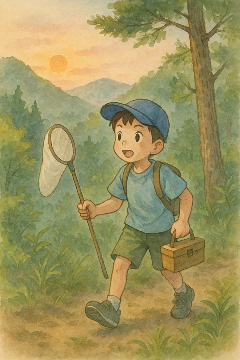 山でクワガタ取りをする小学生