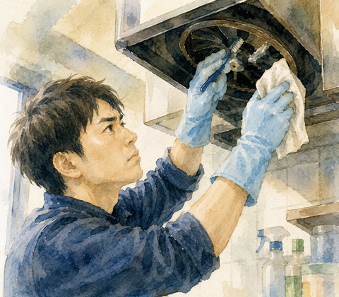 換気扇掃除をする男性