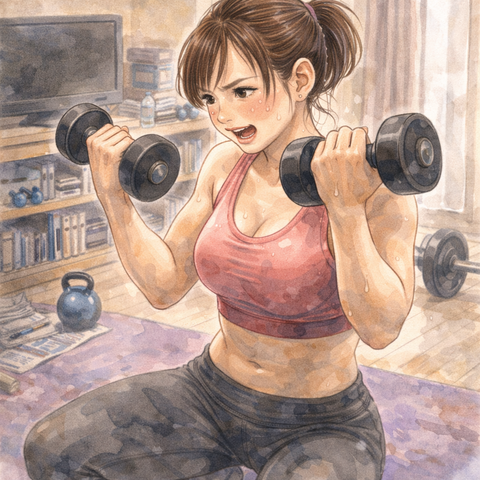 自宅で本気の筋トレをする女性