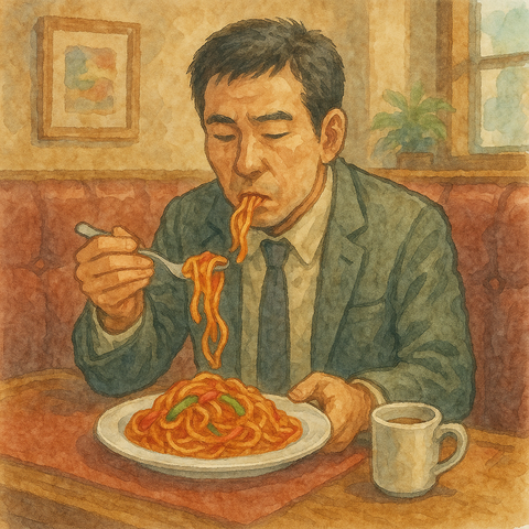 喫茶店でナポリタンを食べる男性