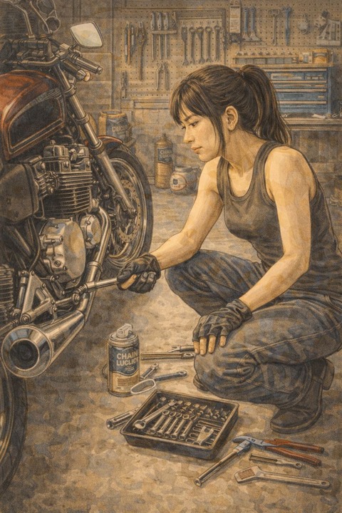ガレージでバイクのメンテナンスをする女性