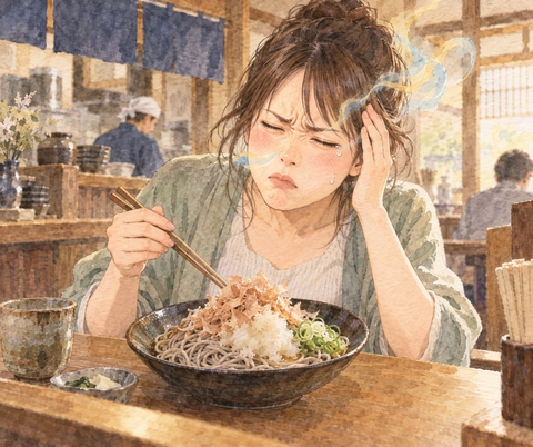 越前おろし蕎麦辛い女性