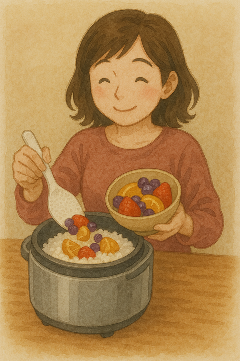 フルーツを入れてご飯を炊く女性