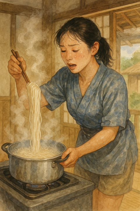 汗だくで素麺を茹でる女性