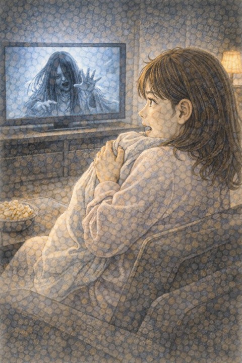 ホラー映画を自宅で見る女性