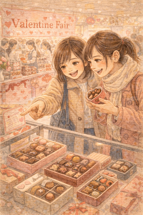 デパートのバレンタインフェア楽しそうな女子二人組