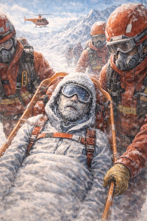 救助隊に回収される凍った遭難者