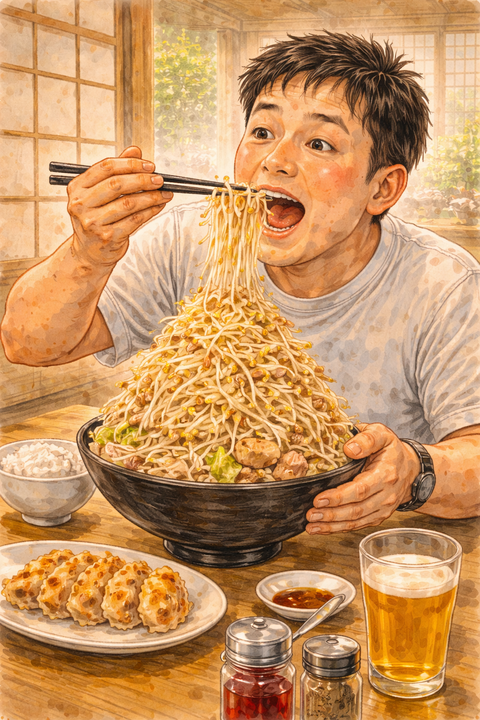 モヤシの山盛りを食べる男性