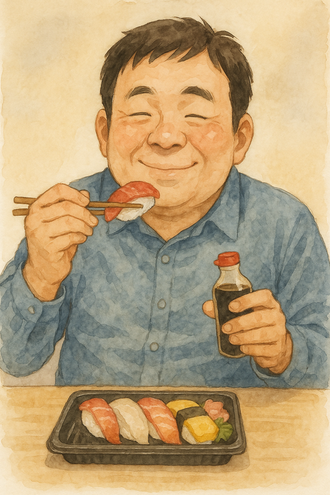 嬉しそうにパック寿司を食べる男性