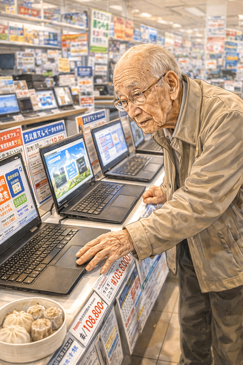 老人男性がパソコンを選ぶ