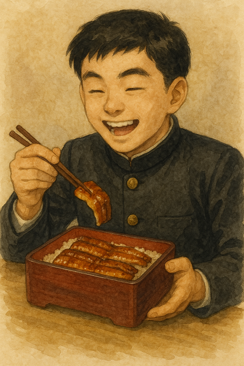 うな重を食べる学生