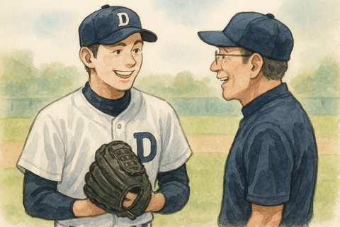 コーチと談笑する投手