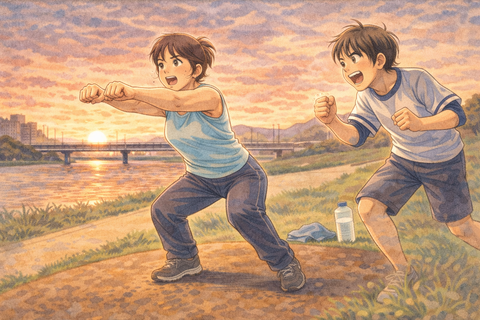 河川敷で下半身トレーニングをする母親と応援する息子