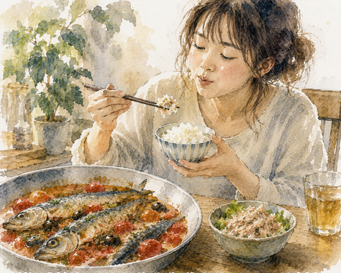 いわしのトマトパッツァとツナマヨネーズでご飯を食べる女性
