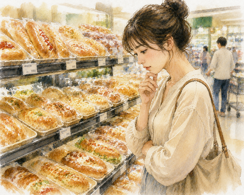 総菜パンで悩む女性