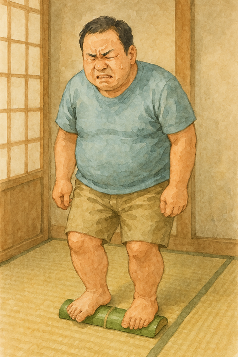 青竹踏みを踏む中年男性