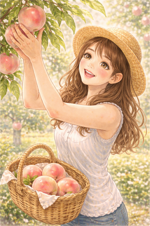 木から桃を採る女性