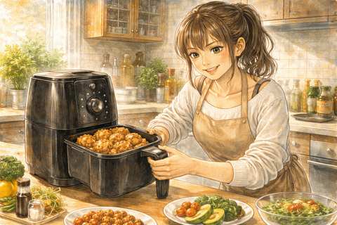 ノンフライヤーで料理する女性