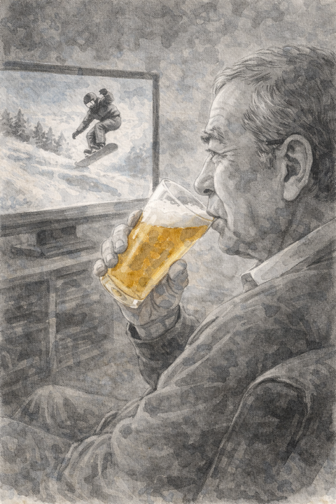 ビールを飲みながらテレビでスノボを見る70代男性
