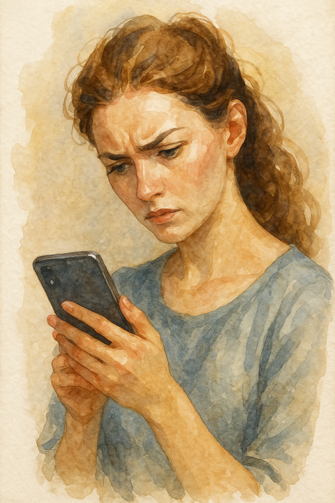 スマホ画面をにらむ