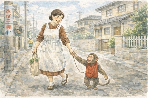 猿の手を引いて散歩するの母親