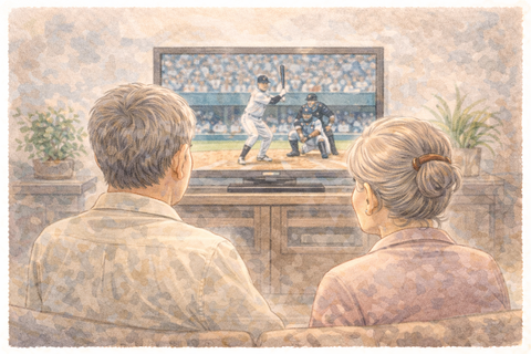 テレビで野球観戦する両親
