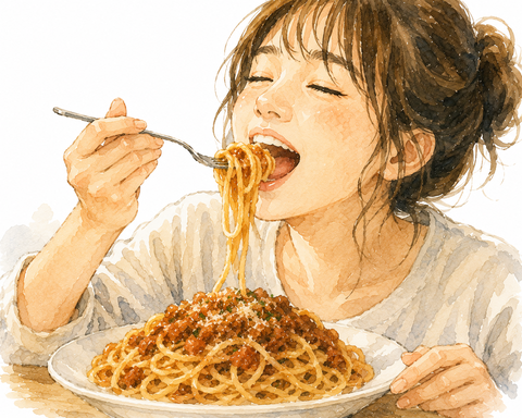 ミートソースパスタ　おいしそうに食べる女性