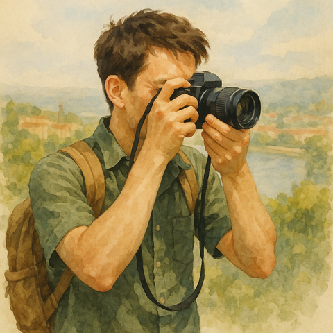 旅先で写真を撮る男性
