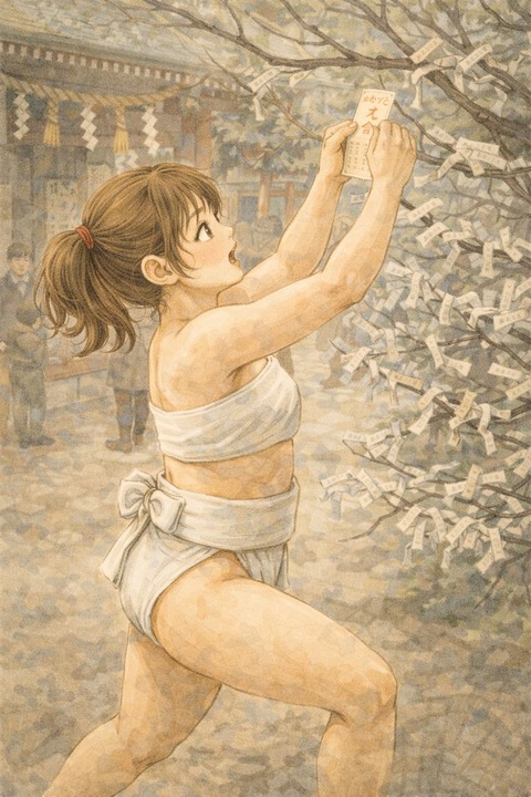 おみくじを括り付ける相撲女子