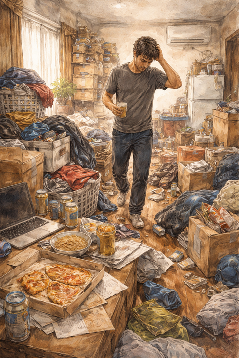 散らかった部屋に住む男性