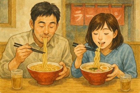 ラーメンを美味しそうに食べる男女