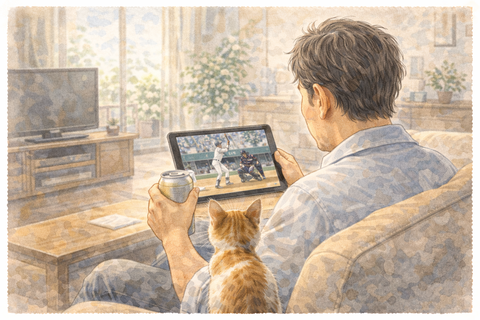 タブレットで野球観戦する男性と猫
