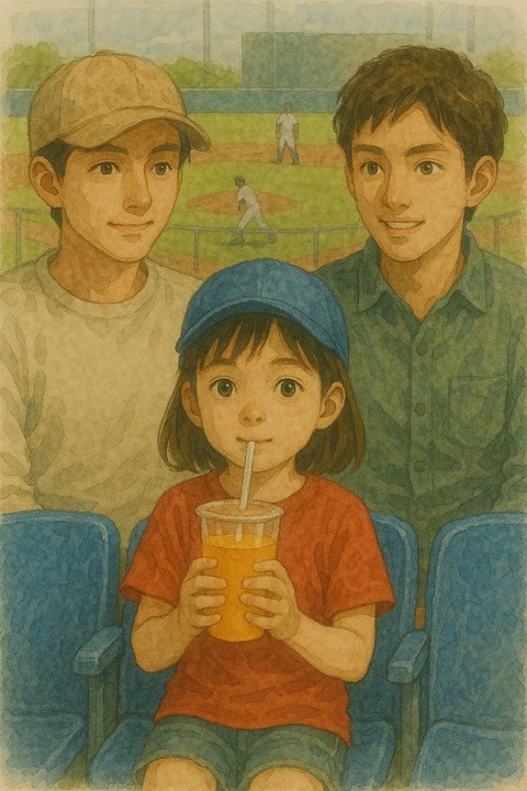 大学生と一緒に野球観戦する小学生