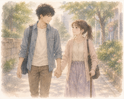 女性と男性が手をつないで歩く
