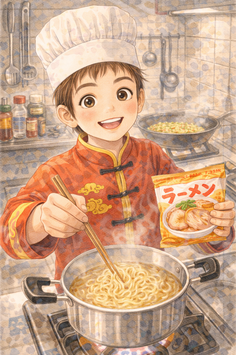 袋ラーメンを作る小学生男子