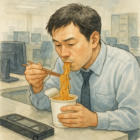 職場でカップ麺を食べる男性