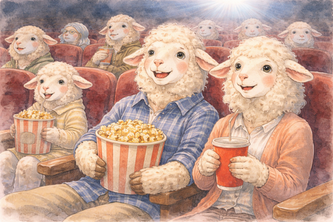 映画館で映画を見る羊たち