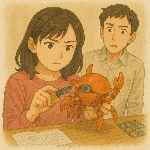 ロボットプラモを作る女性