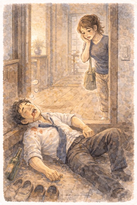 酔っぱらって玄関で寝る夫と困る妻