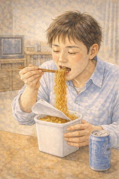 カップ焼きそばを食べる男性